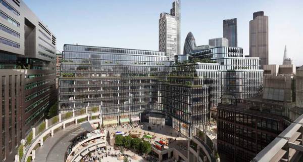 An aerial photograph showcasing the completed 100 Liverpool Street building in the context of its surrounding area