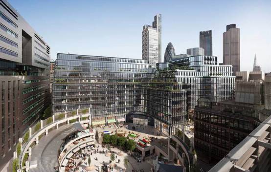 An aerial photograph showcasing the completed 100 Liverpool Street building in the context of its surrounding area