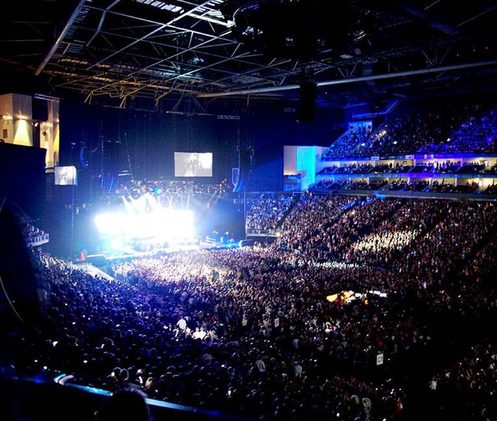 Inside the O2 Arena during a major event, showcasing the vast seating capacity.