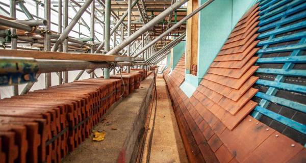 Renovation work being carried out on the Inner Temple roof with scaffolding and construction equipment