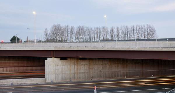 A detailed image of the elevated overbridge, the first of its kind on the UK Strategic Road Network