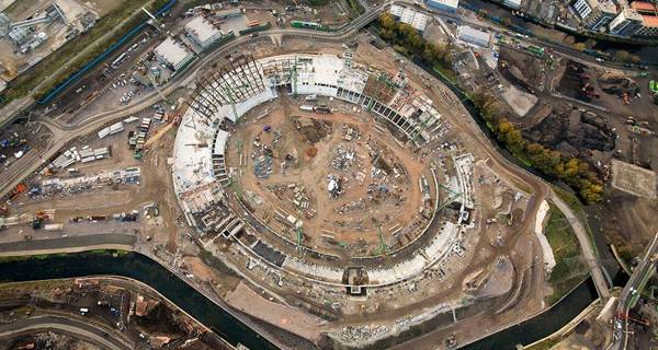 aerial of London Olympic Stadium under construction