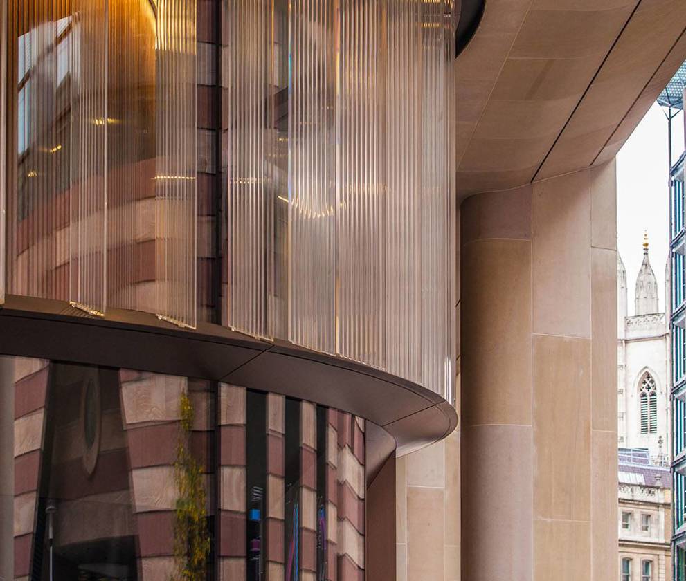 Close-up of the architectural bronze fins on Bloomberg HQ’s facade