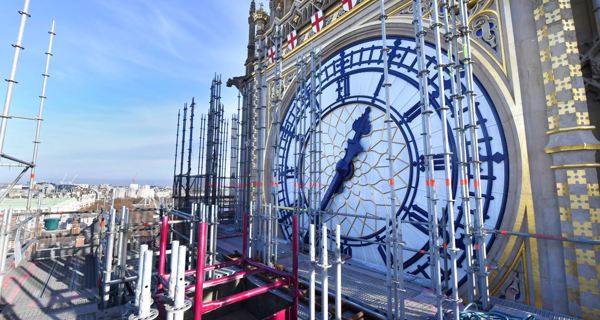 Elizabeth tower clock face with scaffolding