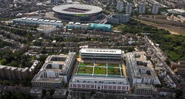 Aerial view of Highbury Square completed development, showing the transformation from a historic football stadium to a modern residential enclave in North London.