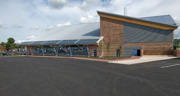 Wentworth Leisure Centre exterior, showcasing the modern mono-pitched roof design.