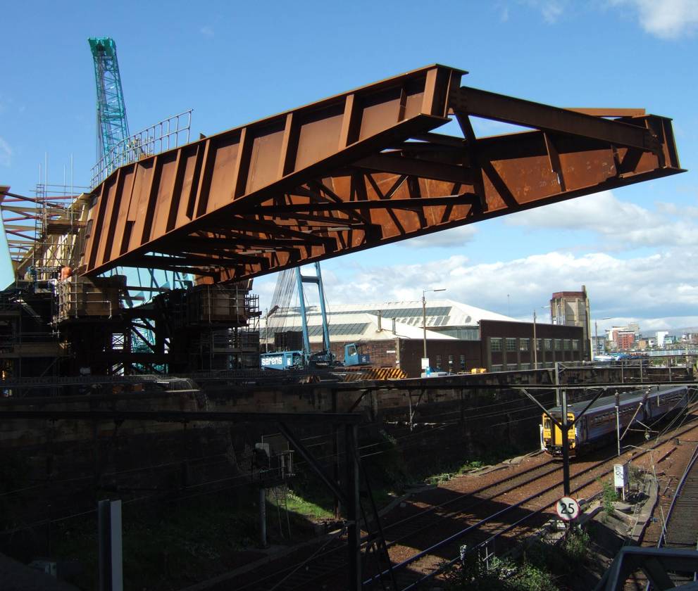 Construction workers assembling the Port Eglinton Viaduct on the M74