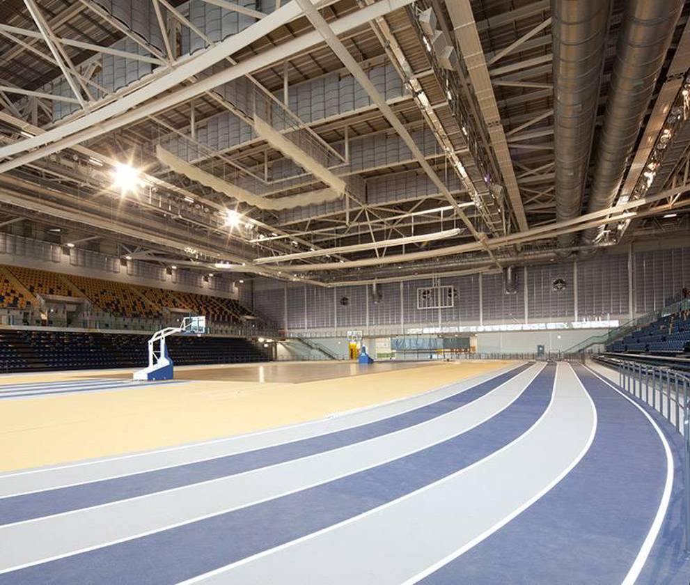 The basketball court inside the Emirates Arena, with the large, open space ready to host world-class sporting events