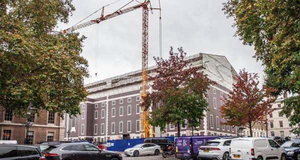 Renovation work being carried out on the Inner Temple building with scaffolding and self-erecting tower crane