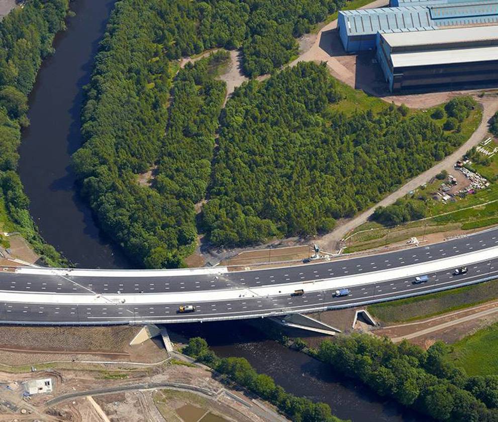 Newly completed section of the M74 showing the three-lane carriageway and hard shoulders