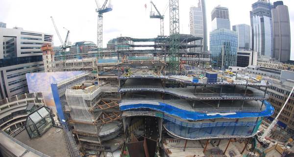 An aerial photograph showcasing 100 Liverpool Street building in construction and its surrounding area