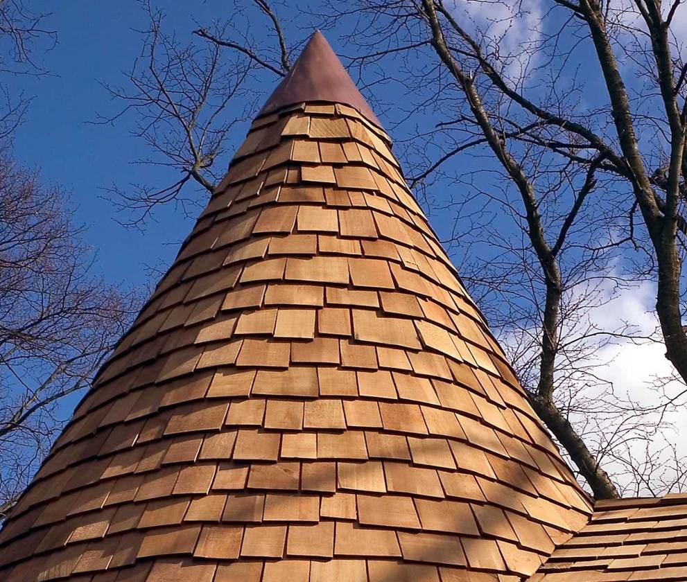 A close-up view of the roofing materials used on the treehouse