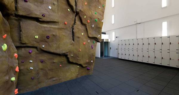 Close-up of climbers gripping the vibrant handholds on the climbing wall at Sports Central.