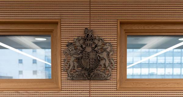 Courtroom detail of refurbished courtroom at the Civic Centre