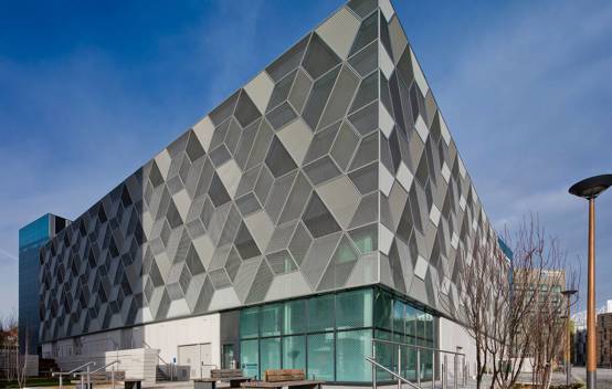 Close-up of the Frederick Douglass Centre’s geometric facade