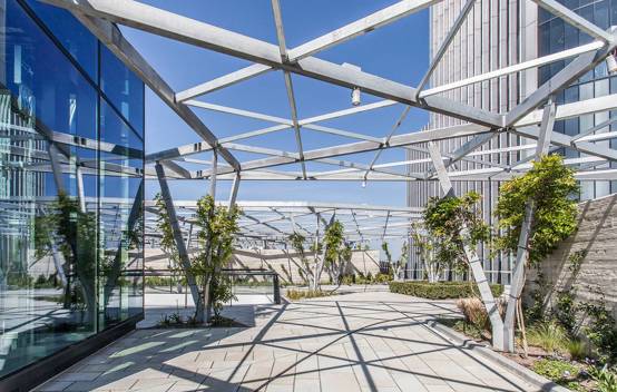 Panoramic view of the publicly accessible rooftop garden at Fen Court