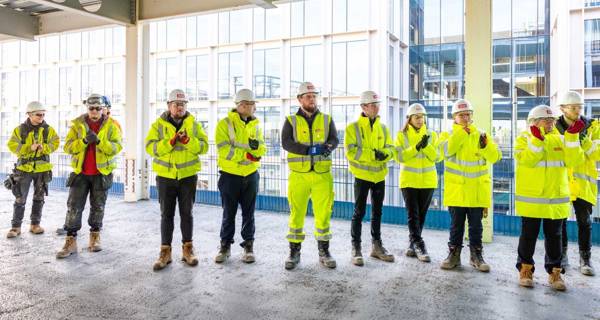 Group photo of the project team at Riverside Sunderland topping out