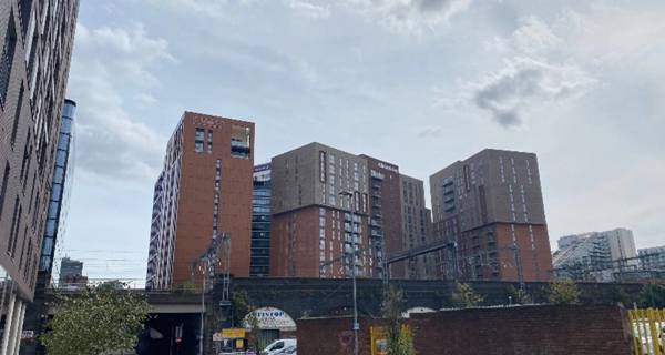 View of to the rear of City Suites 2: Laurence Place & Exchange Point (L to R)