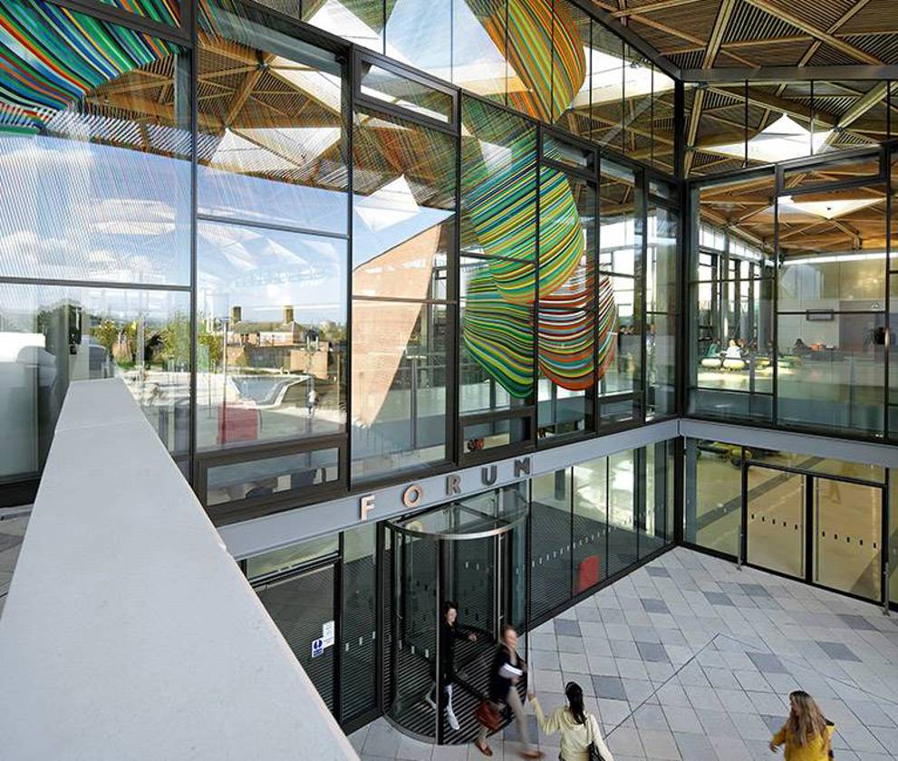 Exterior view of the Exeter Forum with energy-efficient design elements.