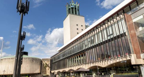 Exterior view of the Civic Centre in Newcastle, showcasing its Grade II star listed status and distinctive architecture