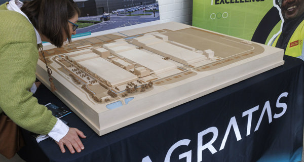 A table display showcasing a model of the Agratas battery facility